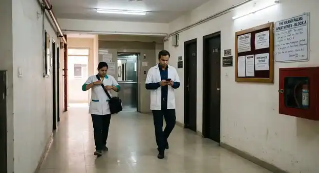 GurgaonCare doctor and nurse arriving at apartment in DLF Phase 2 Gurgaon