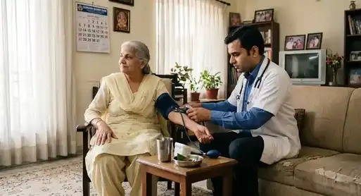 GurgaonCare doctor and medical assistant walking through apartment corridor in Gurgaon